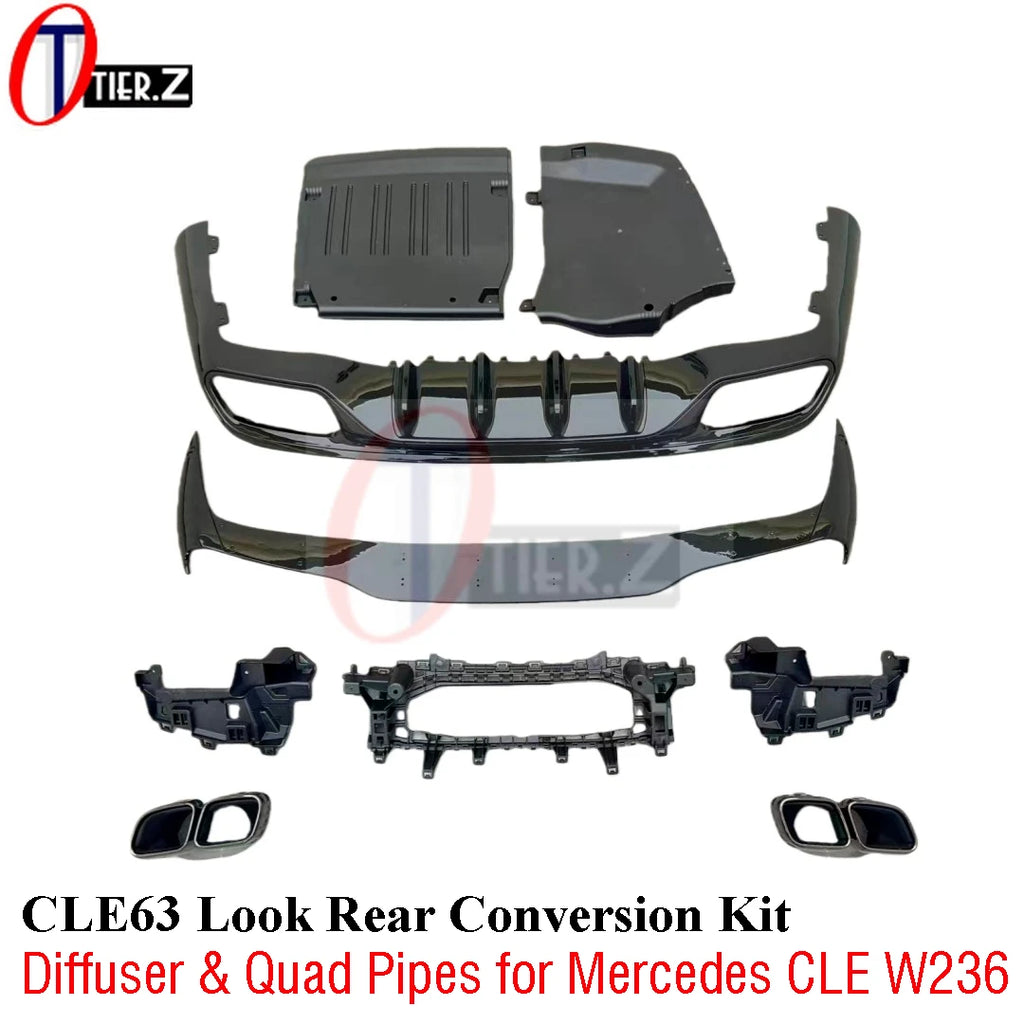For Mercedes Benz CLE-Class W236 Upgrade to AMG 63 Style Rear Bumper Diffuser Quad Exhaust Tips CLE63 Look Lip Spoiler  Kit