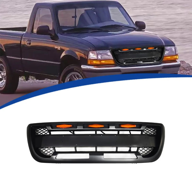 Front Bumper Grille for Ford Ranger 1998-2000 RP Style ABS Honeycomb Grill Racing Grills Amber LED Lights Off-road Accessories