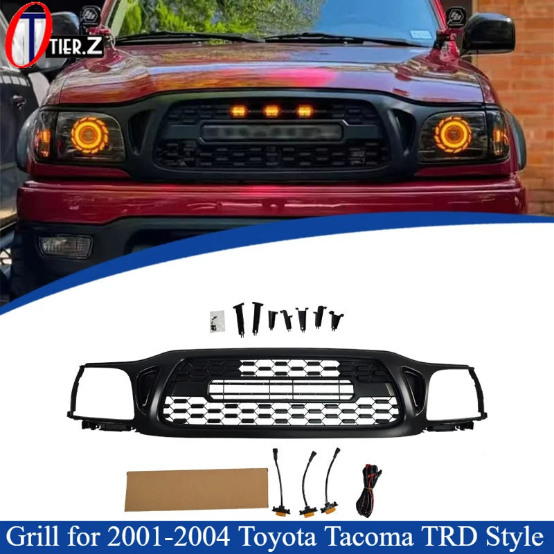 Honeycomb Front Grille Black Mesh Grill with LED Lights Racing Grills for 2001-2004 Toyota Tacoma TRD Style ABS Car Accessories