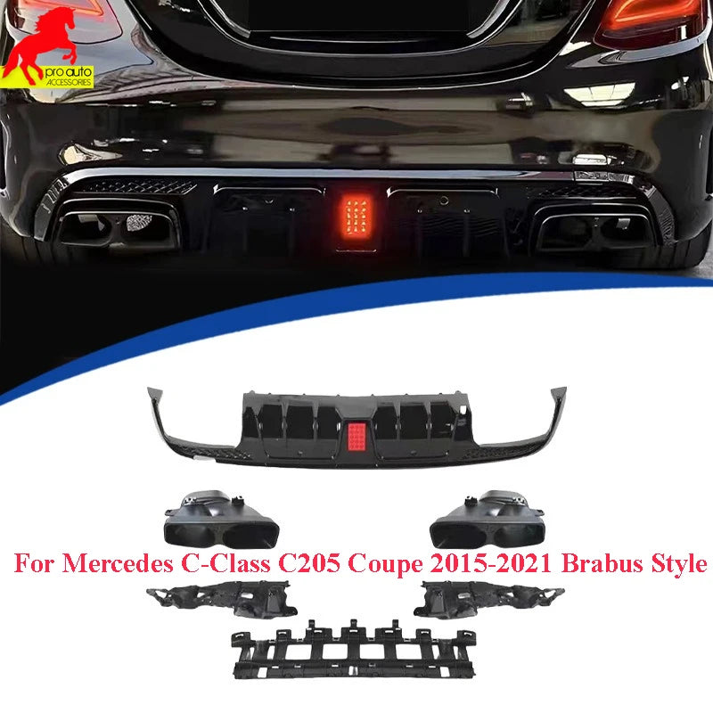 Rear Diffuser Lip with Quad Exhaust Tips Pipes for Mercedes Benz C205 Coupe, Brabus Look 2015-2021 Model Car Accessories Styling