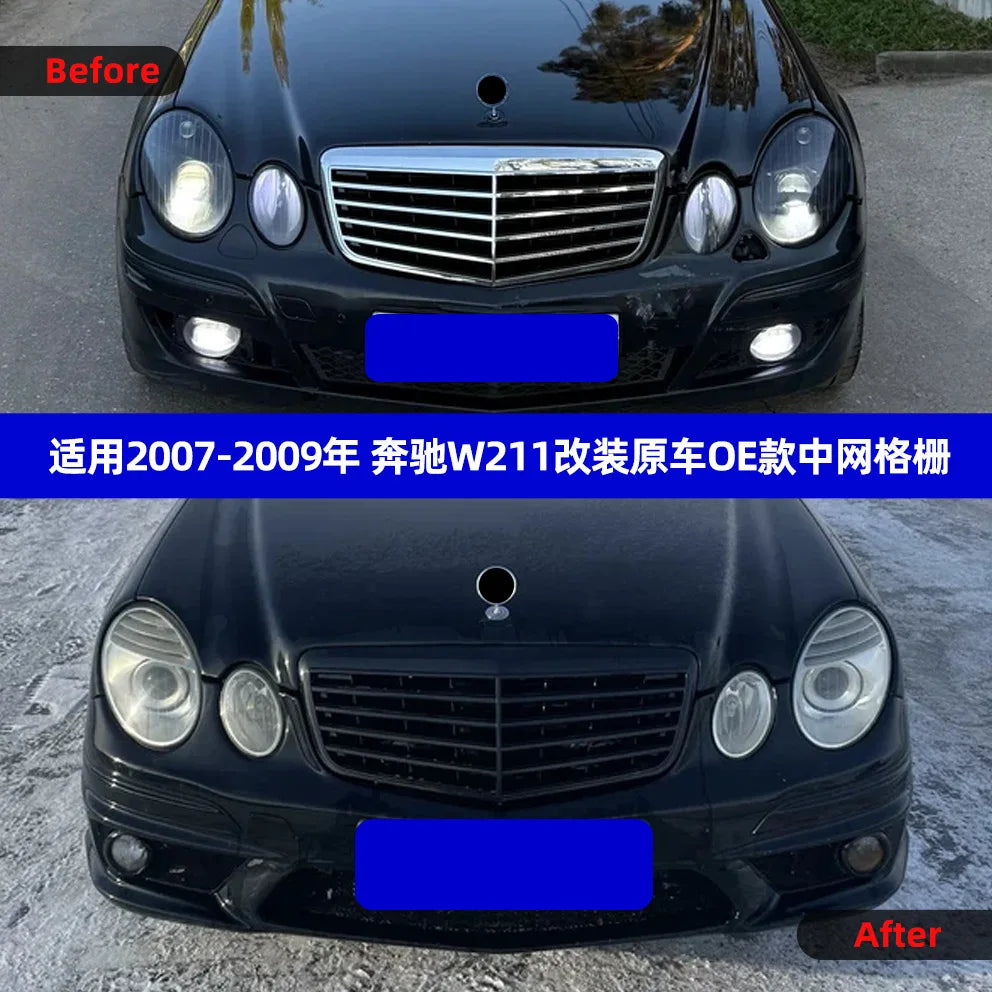 Front Bumper Grills Center Hood Grill for Mercedes-Benz E-class W211 2007-2009 Mesh Racing Grills Vertical Bar Car Accessories